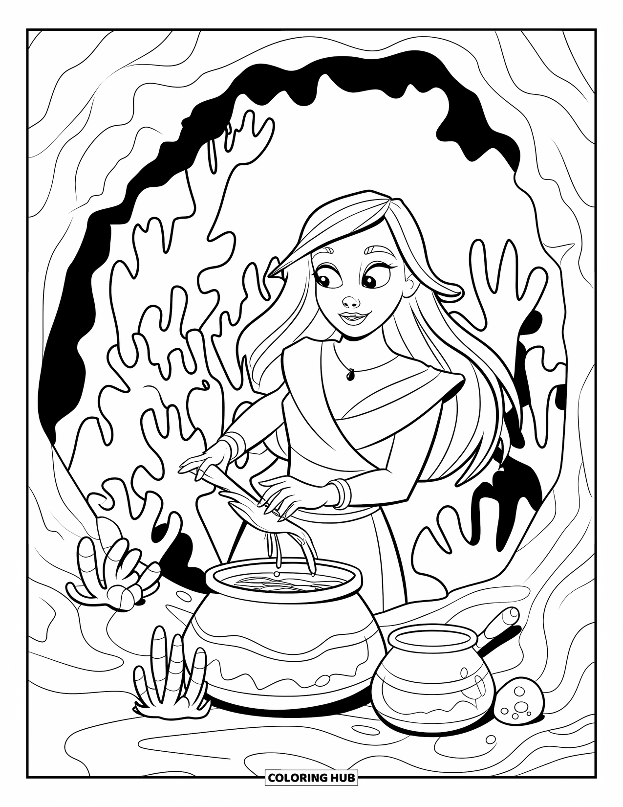 Under The Sea Coloring Page for Kids: A sea witch with green hair brews potions in a coral cave