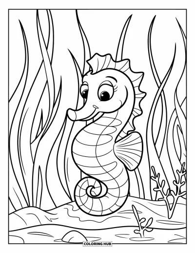 Under The Sea Coloring Page for Kids: A seahorse clings to sea grass in a serene underwater scene