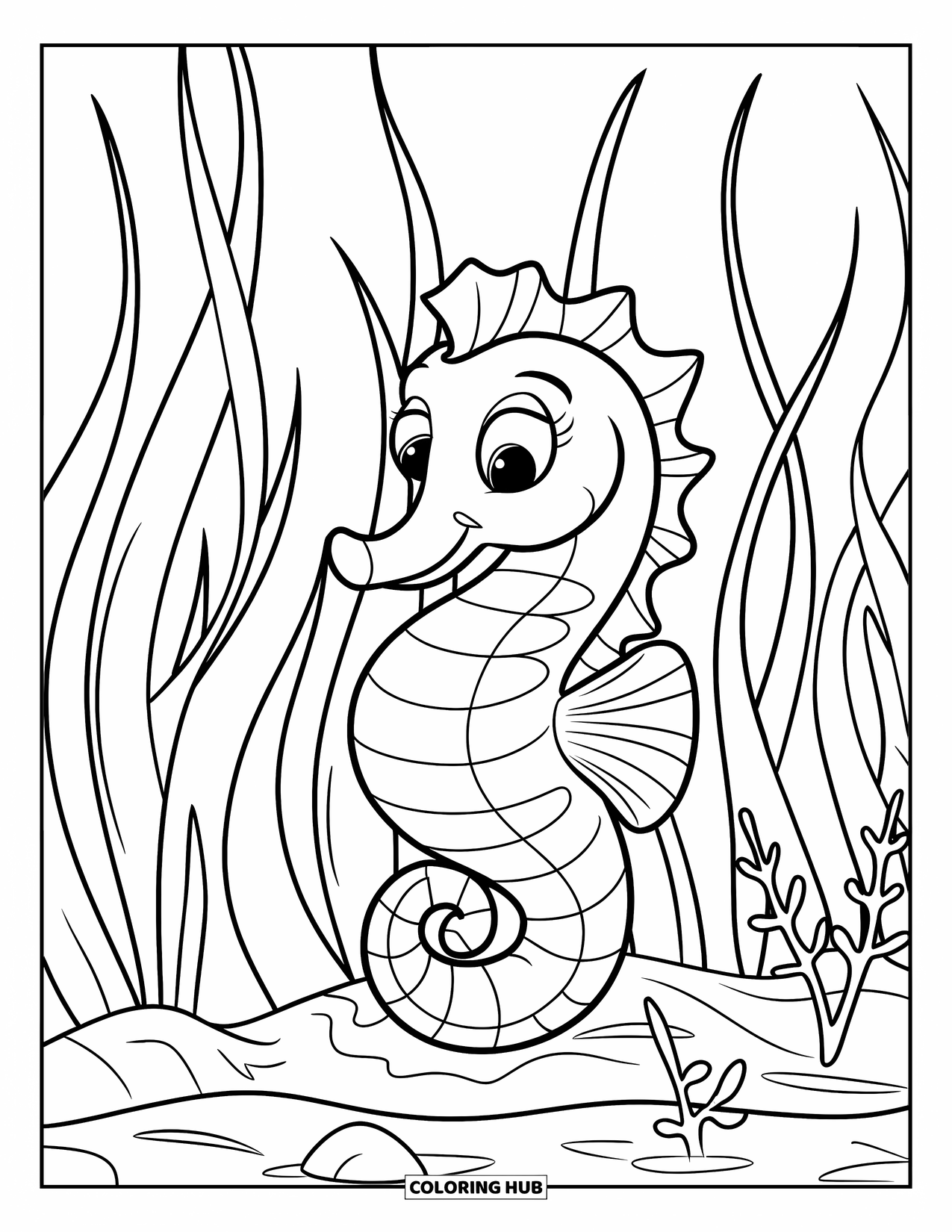 Under The Sea Coloring Page for Kids: A seahorse clings to sea grass in a serene underwater scene