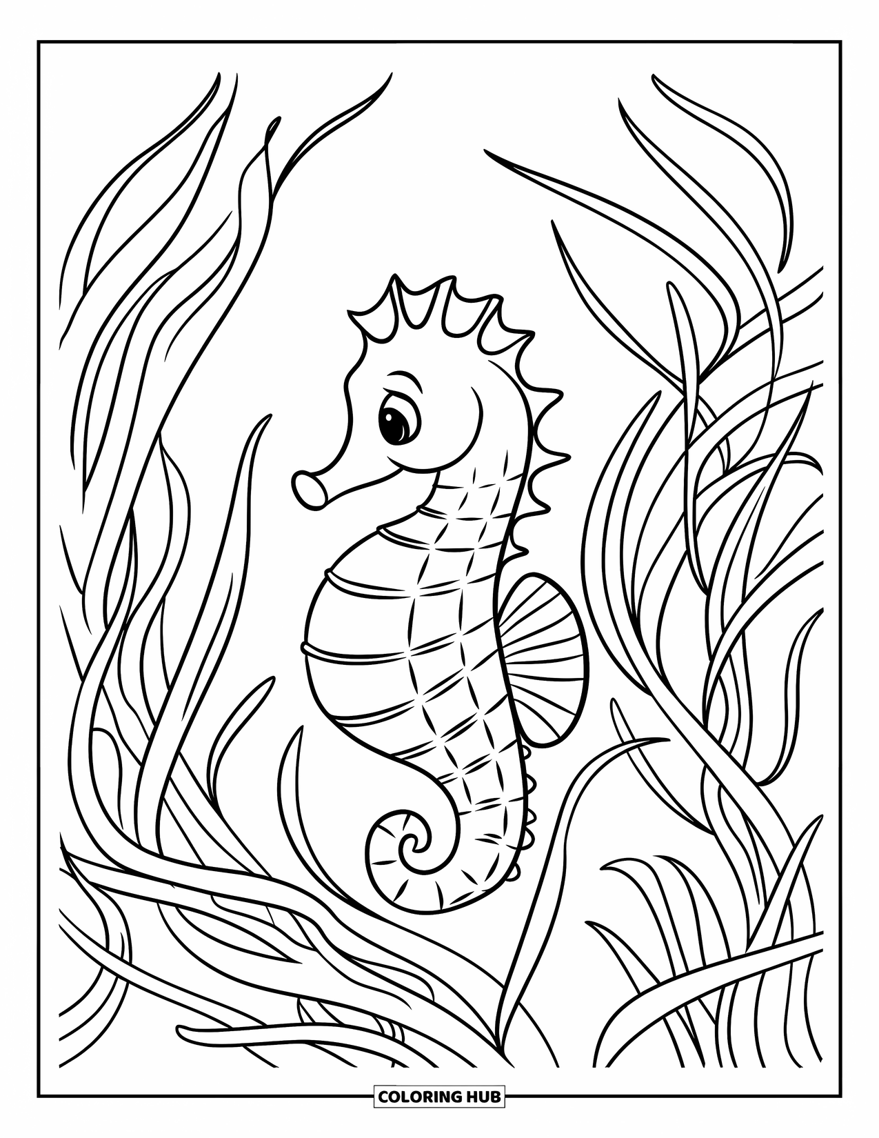 Under The Sea Coloring Page for Kids: A seahorse with a shiny shell rests on swaying sea grass