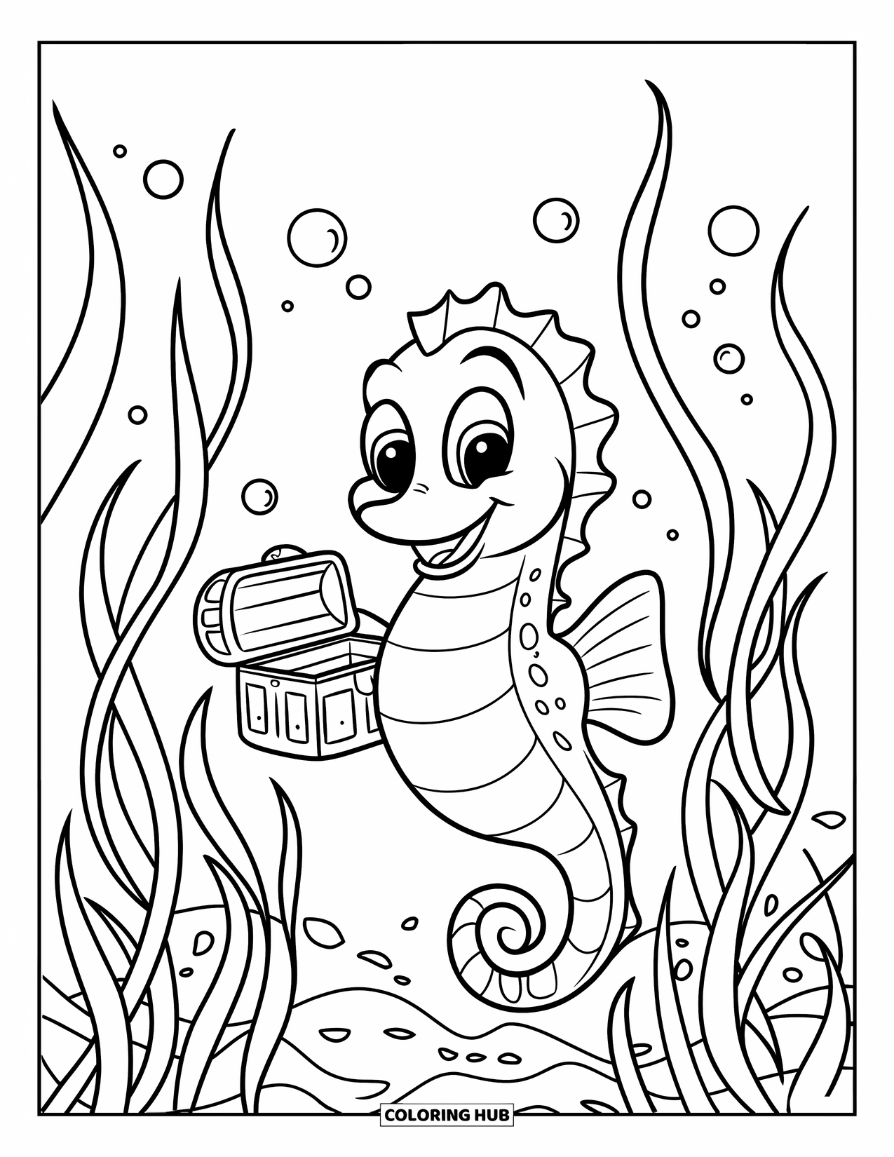 Under The Sea Coloring Page for Kids: A seahorse with a small treasure chest floats among sea grass