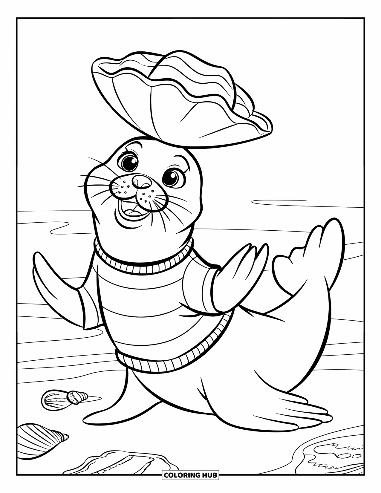 Under The Sea Coloring Page for Kids: A seal in a striped sweater balances a shell on a beach