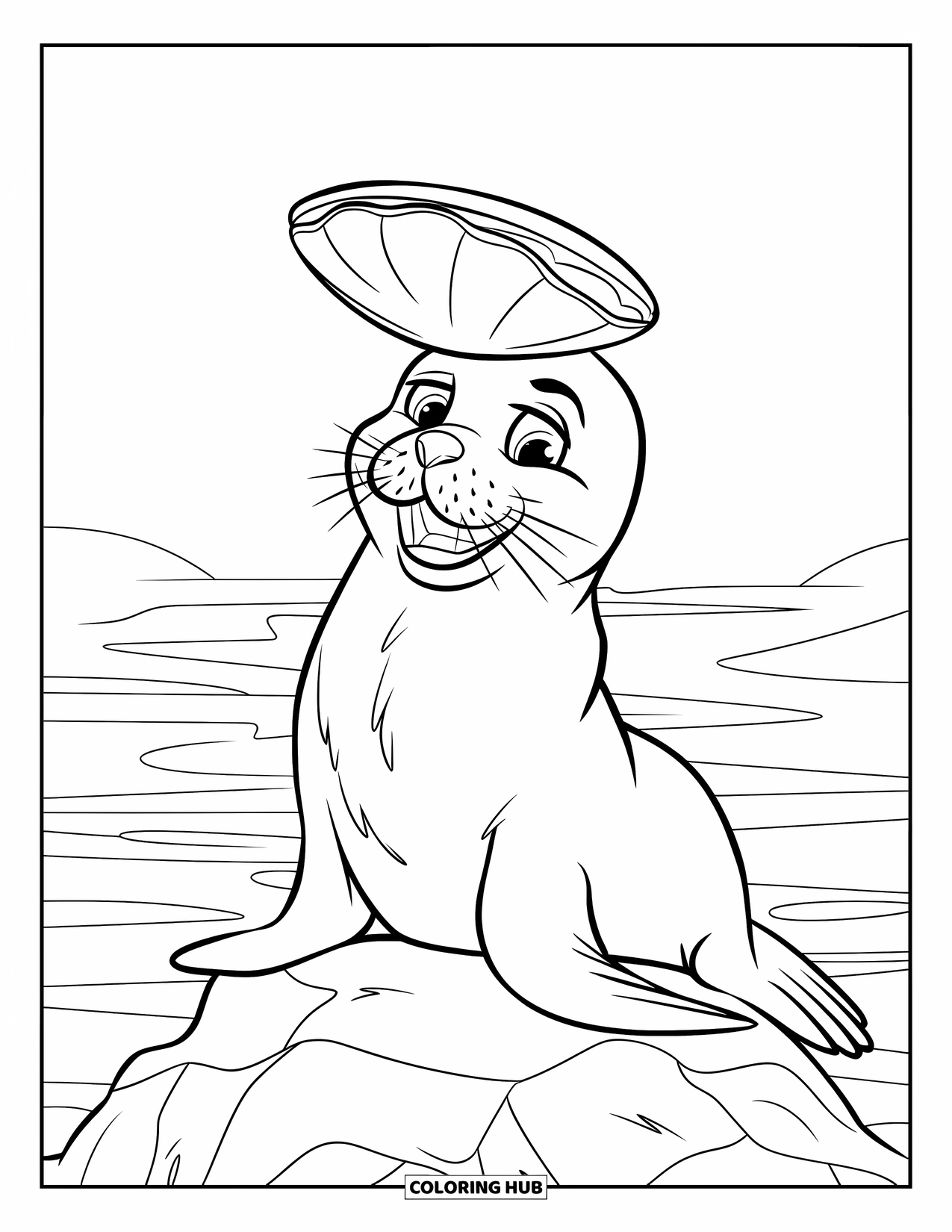 Under The Sea Coloring Page for Kids: A seal with a tiny hat balances a shell among seashells and starfish