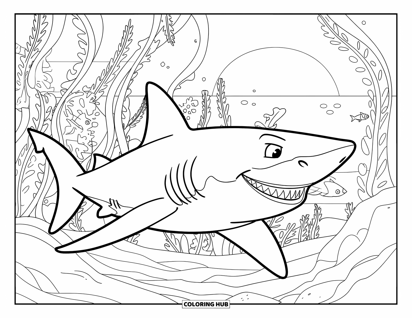 Under The Sea Coloring Page for Kids: A shark with a toothy grin passes through a dense kelp forest