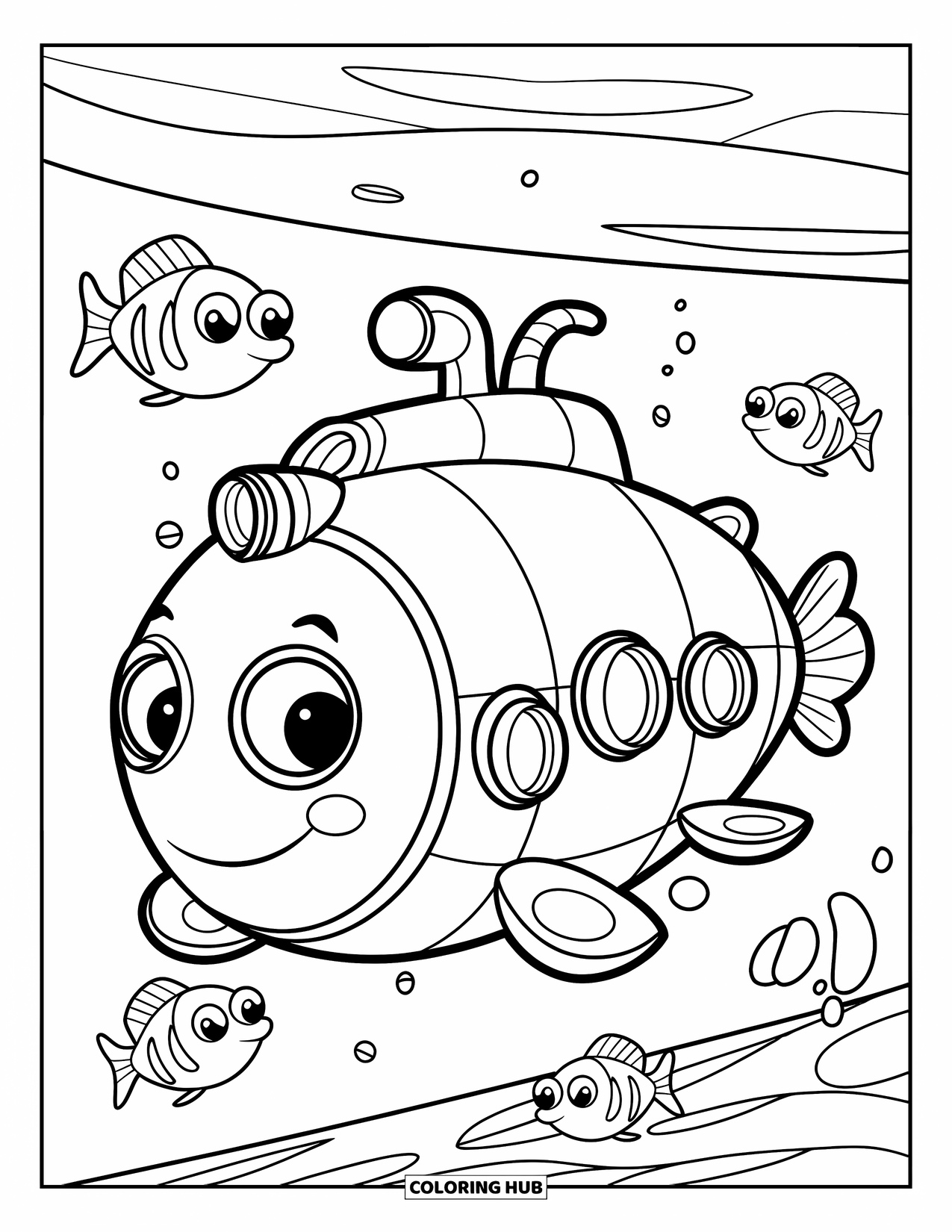 Under The Sea Coloring Page for Kids: A simple submarine with round windows floats with happy fish nearby