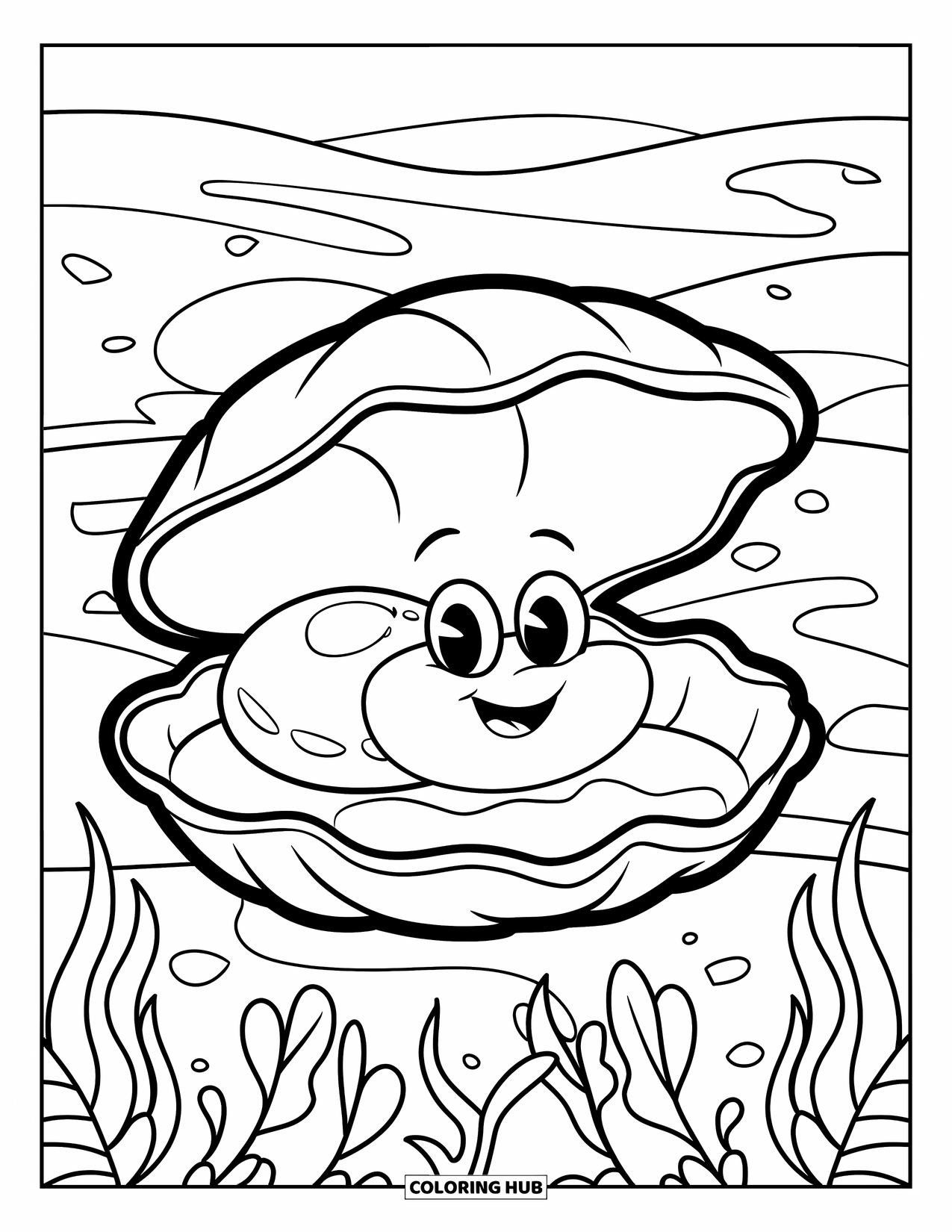 Under The Sea Coloring Page for Kids: A smiling clam holds a pearl on a bed of seaweed
