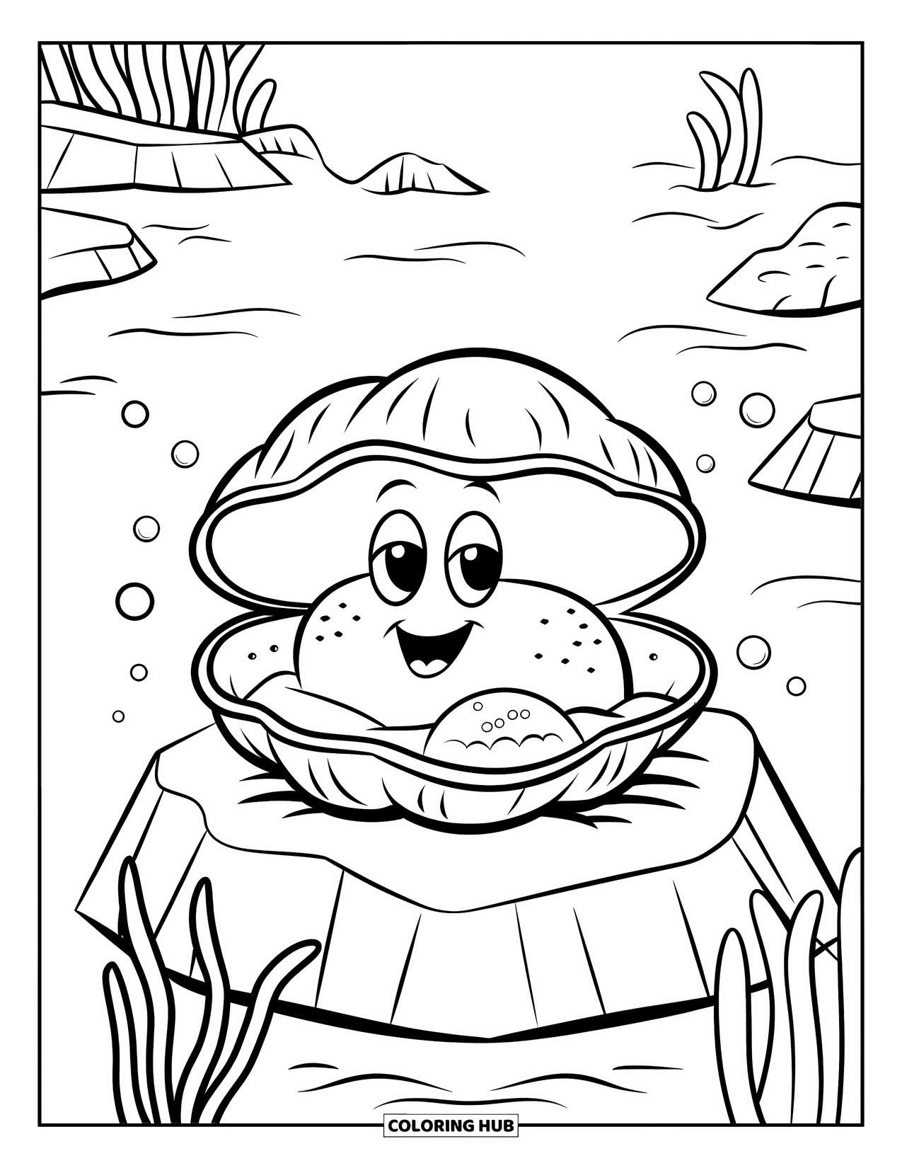 Under The Sea Coloring Page for Kids: A smiling clam with a pearl is surrounded by seaweed and bubbles