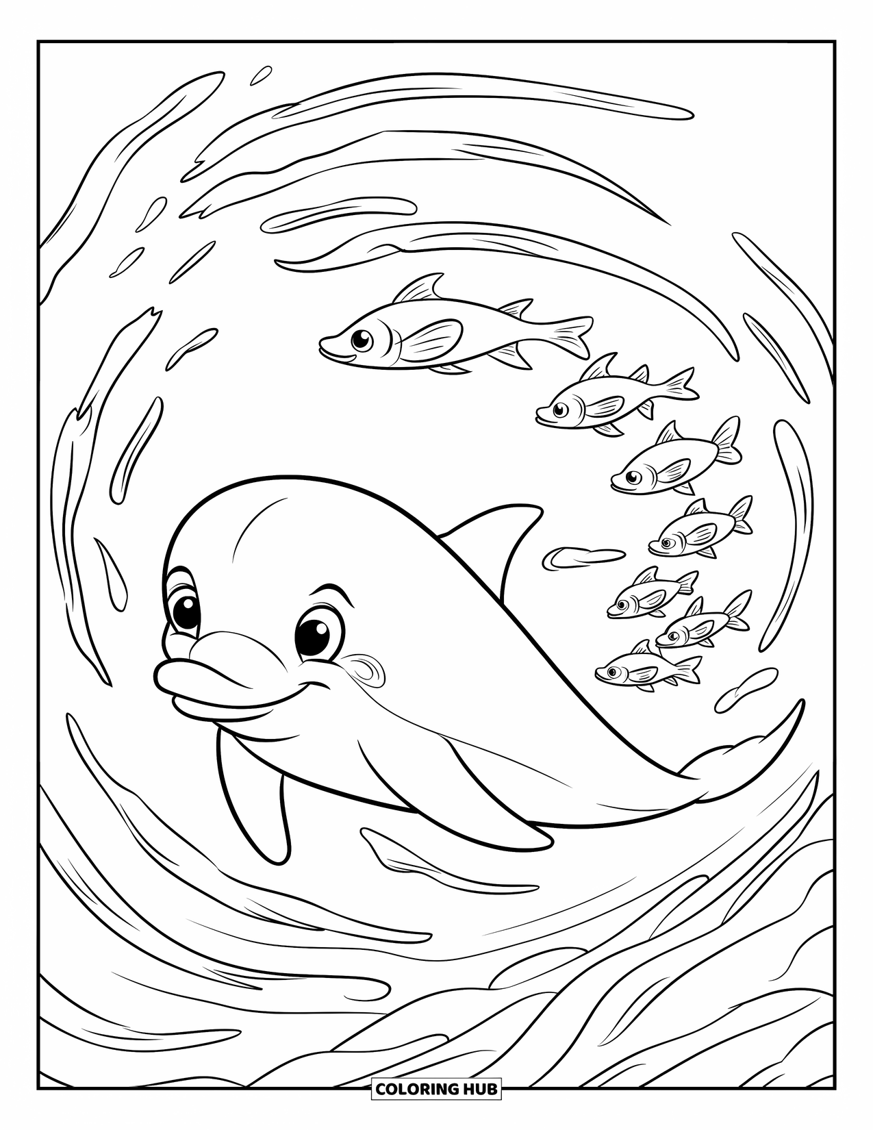 Under The Sea Coloring Page for Kids: A smiling dolphin swims with a school of fish through swirling seaweed