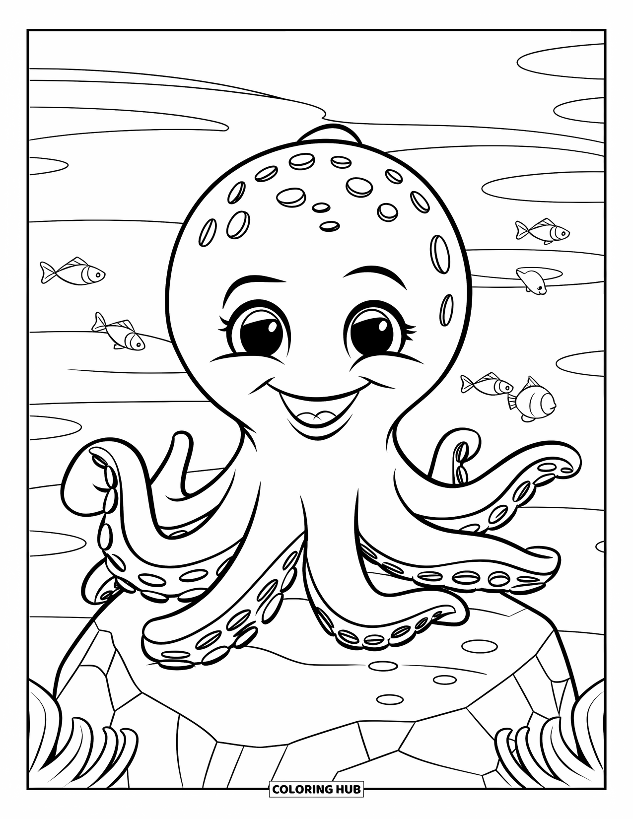 Under The Sea Coloring Page for Kids: A smiling octopus with short tentacles waves from a rock