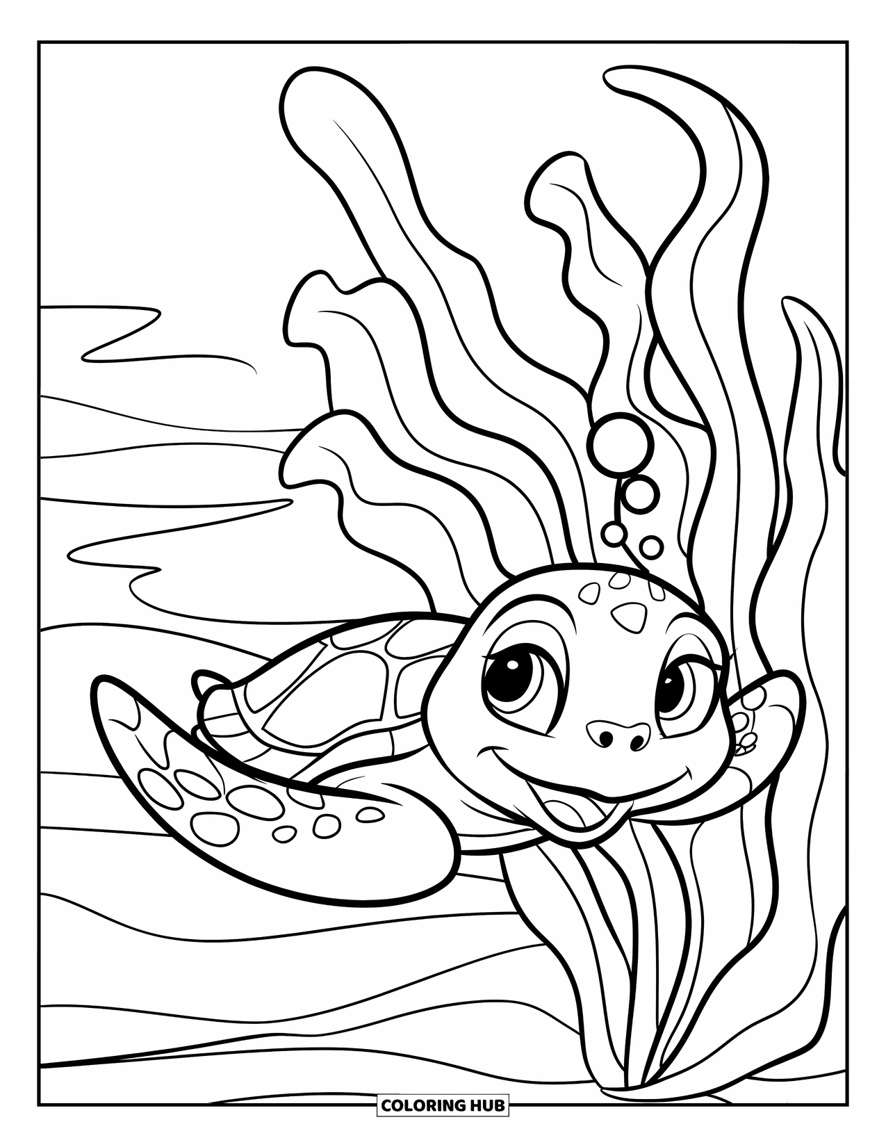 Under The Sea Coloring Page for Kids: A smiling sea turtle glides through seaweed with bubbles rising