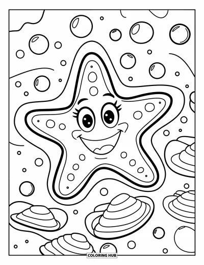 Under The Sea Coloring Page for Kids: A smiling starfish is surrounded by bubbles and scattered seashells