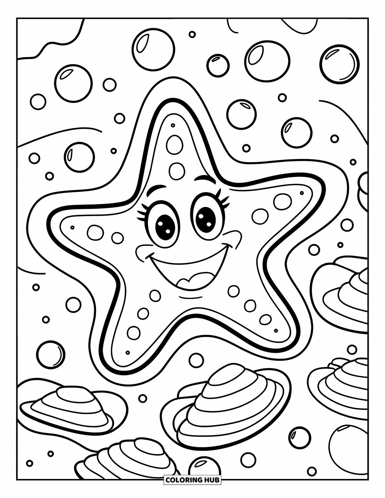 Under The Sea Coloring Page for Kids: A smiling starfish is surrounded by bubbles and scattered seashells