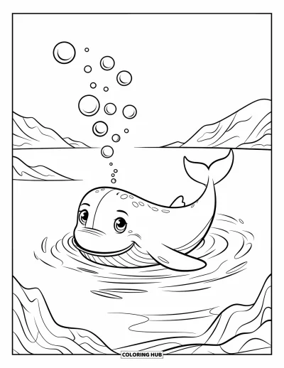 Under The Sea Coloring Page for Kids: A smiling whale blows bubbles in a calm sea with mountains in view