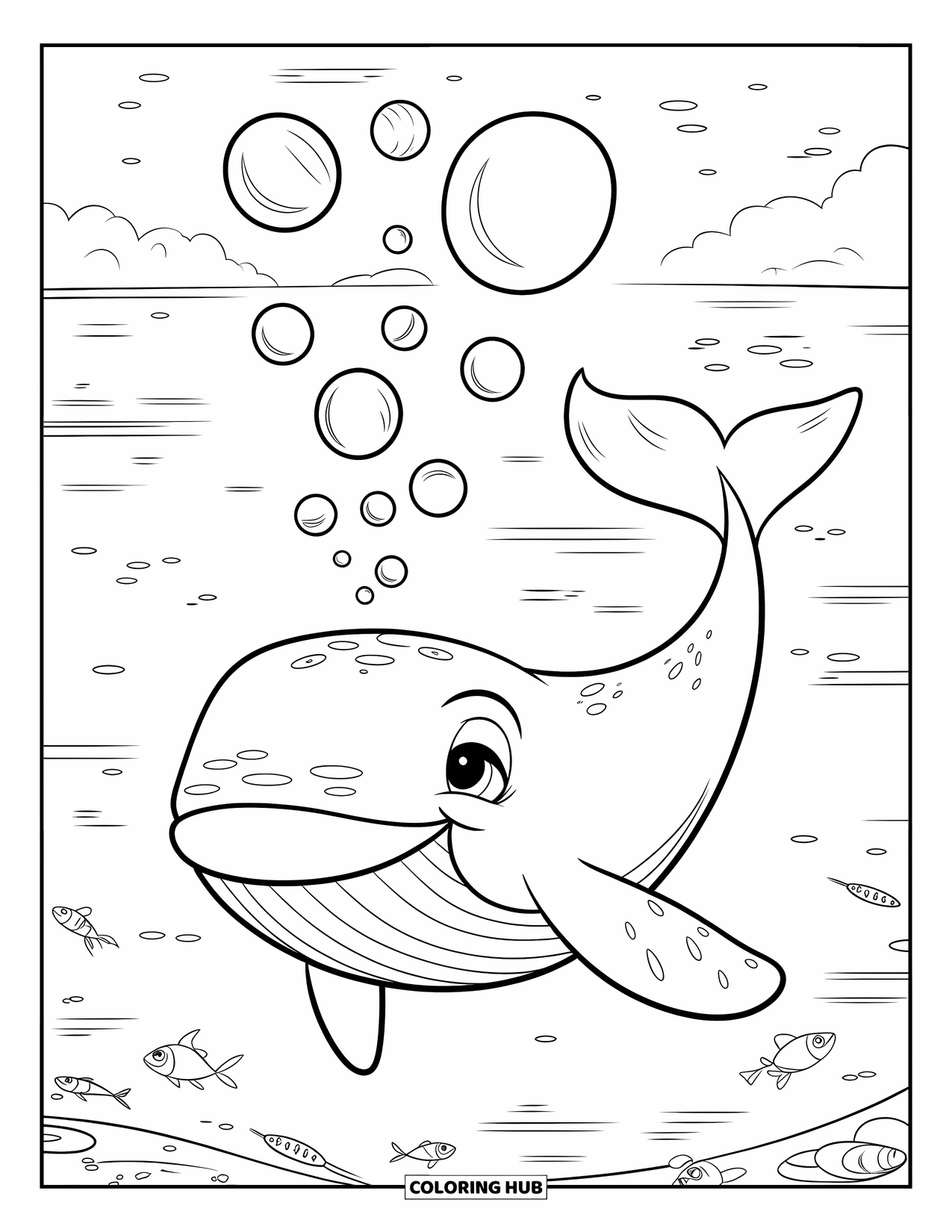 Under The Sea Coloring Page for Kids: A smiling whale blows bubbles with gentle waves and fish nearby