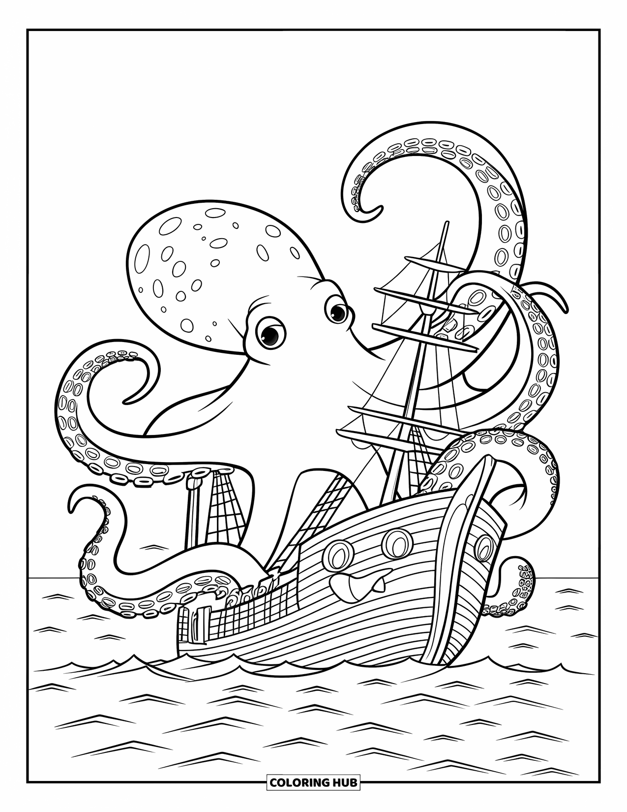 Under The Sea Coloring Page for Kids: A spotted octopus grips a shipwreck in a calm sea