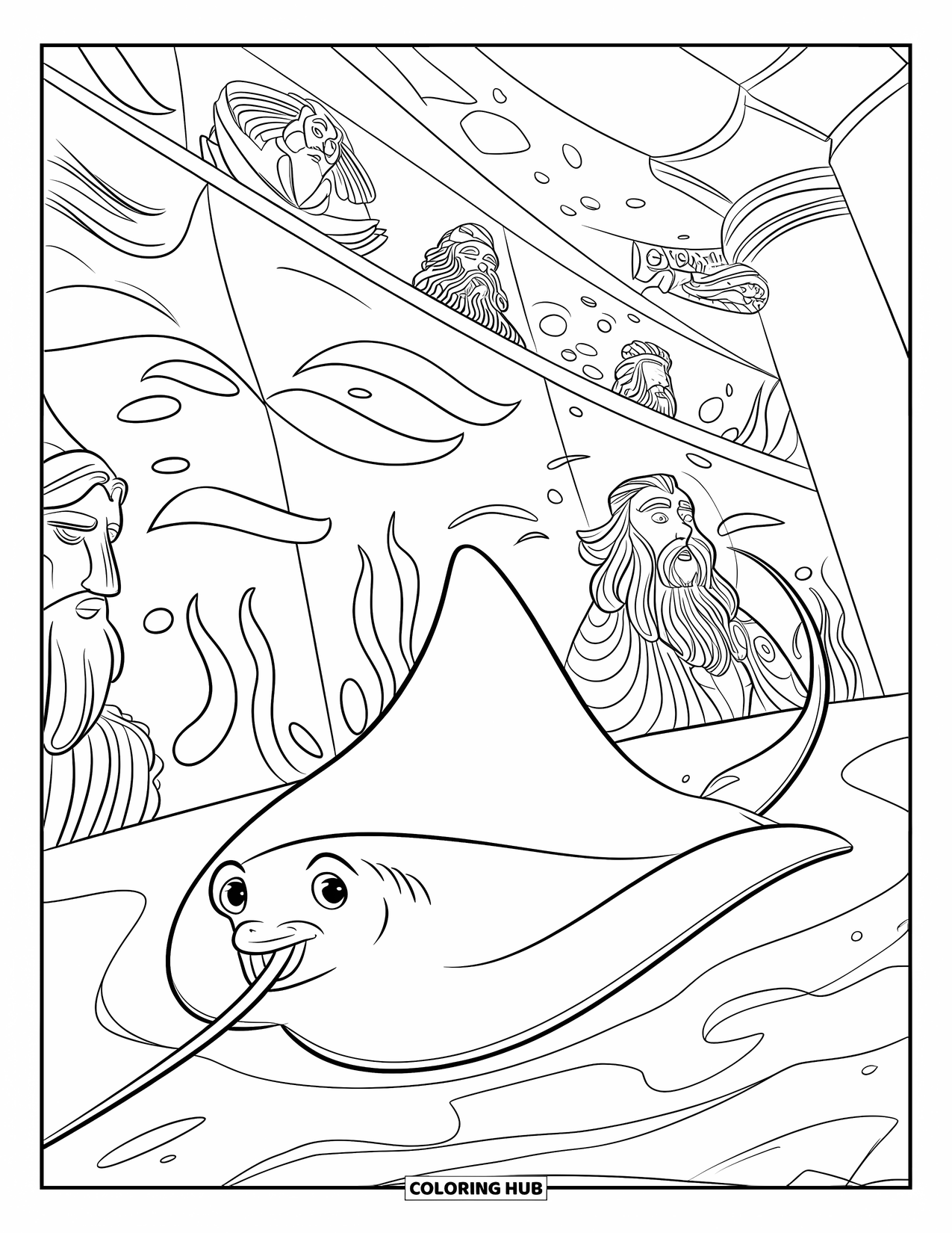 Under The Sea Coloring Page for Kids: A stingray discovers a mural of ancient sea gods beneath the ocean