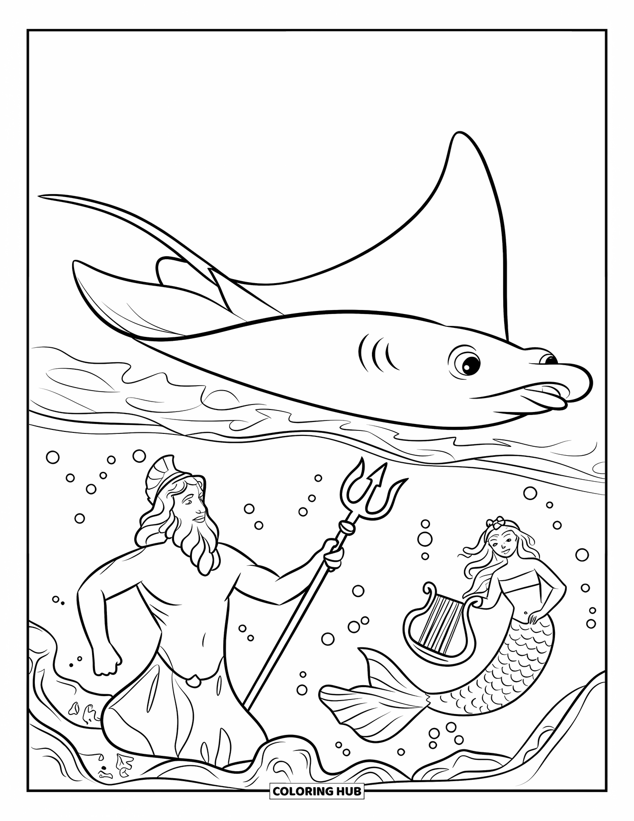 Under The Sea Coloring Page for Kids: A stingray uncovers a mural of Poseidon and a mermaid on the sea floor