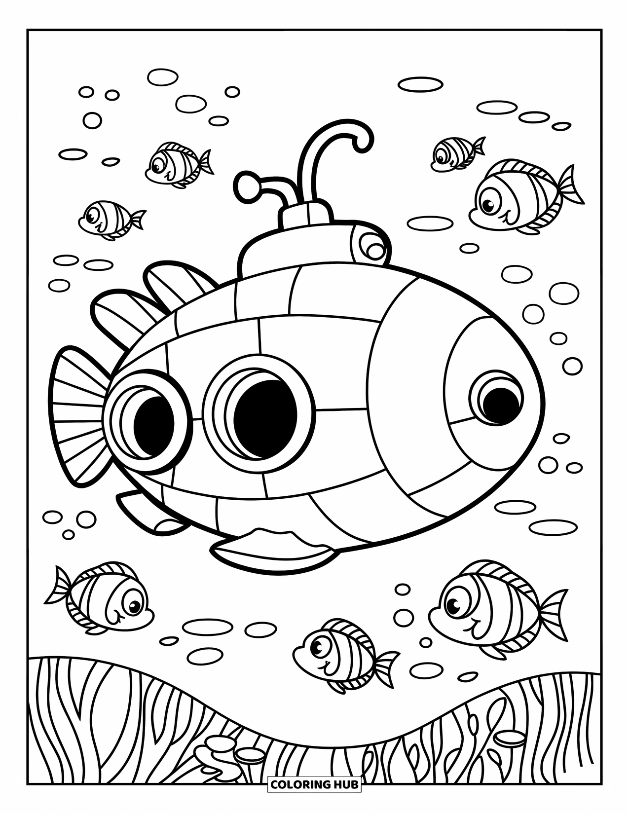 Under The Sea Coloring Page for Kids: A submarine with a chimney sits on the ocean floor among smiling fish