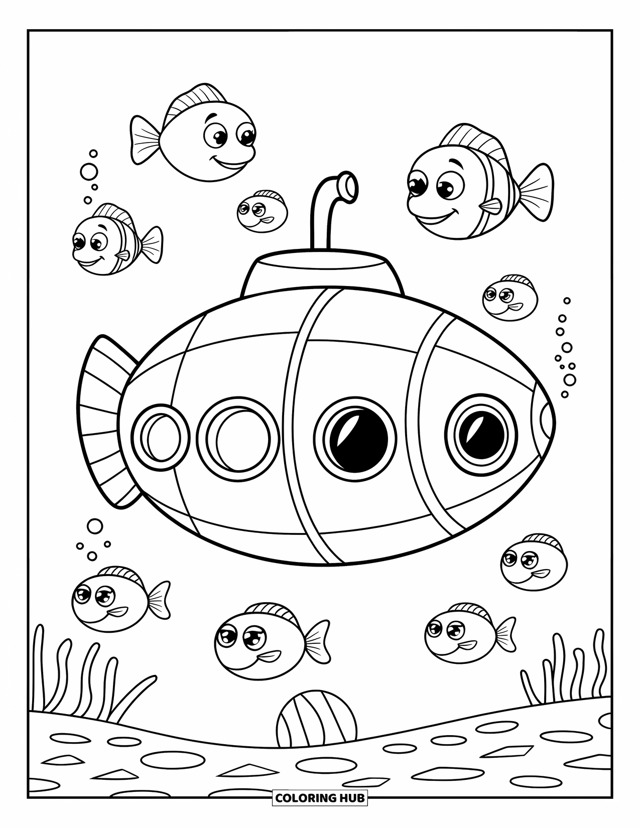Under The Sea Coloring Page for Kids: A submarine with round windows is anchored on the ocean floor with fish around