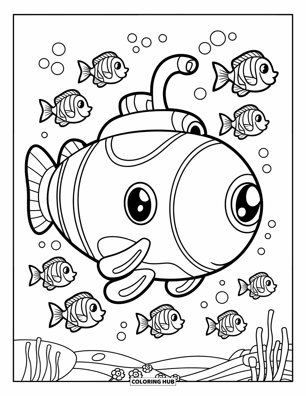 Under The Sea Coloring Page for Kids: A submarine with round windows is surrounded by smiling fish