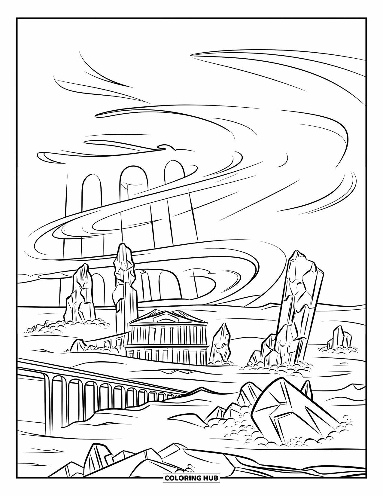 Under The Sea Coloring Page for Kids: A sunken city lies buried in sand with crumbled statues