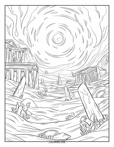 Under The Sea Coloring Page for Kids: A sunken city with ancient buildings and statues is covered in swirling sand
