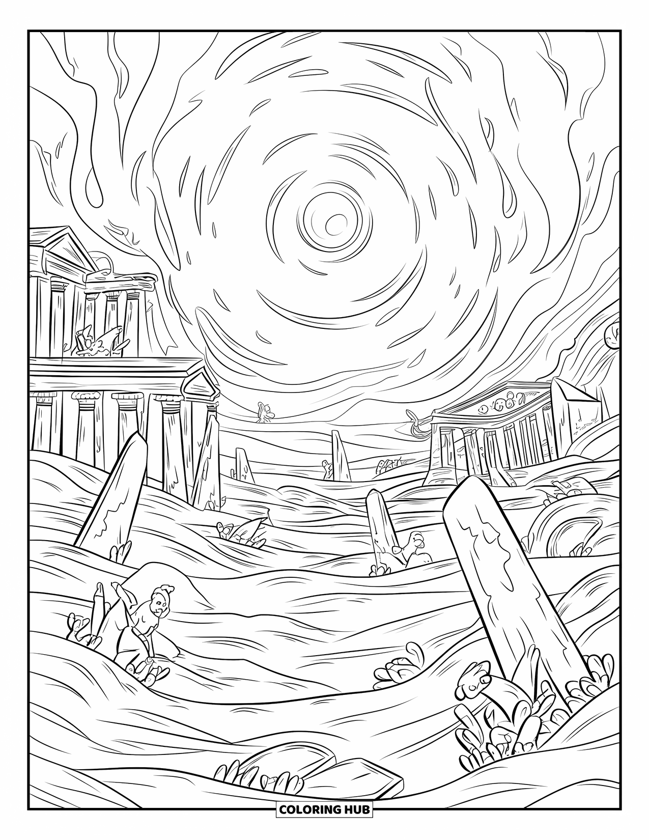 Under The Sea Coloring Page for Kids: A sunken city with ancient buildings and statues is covered in swirling sand