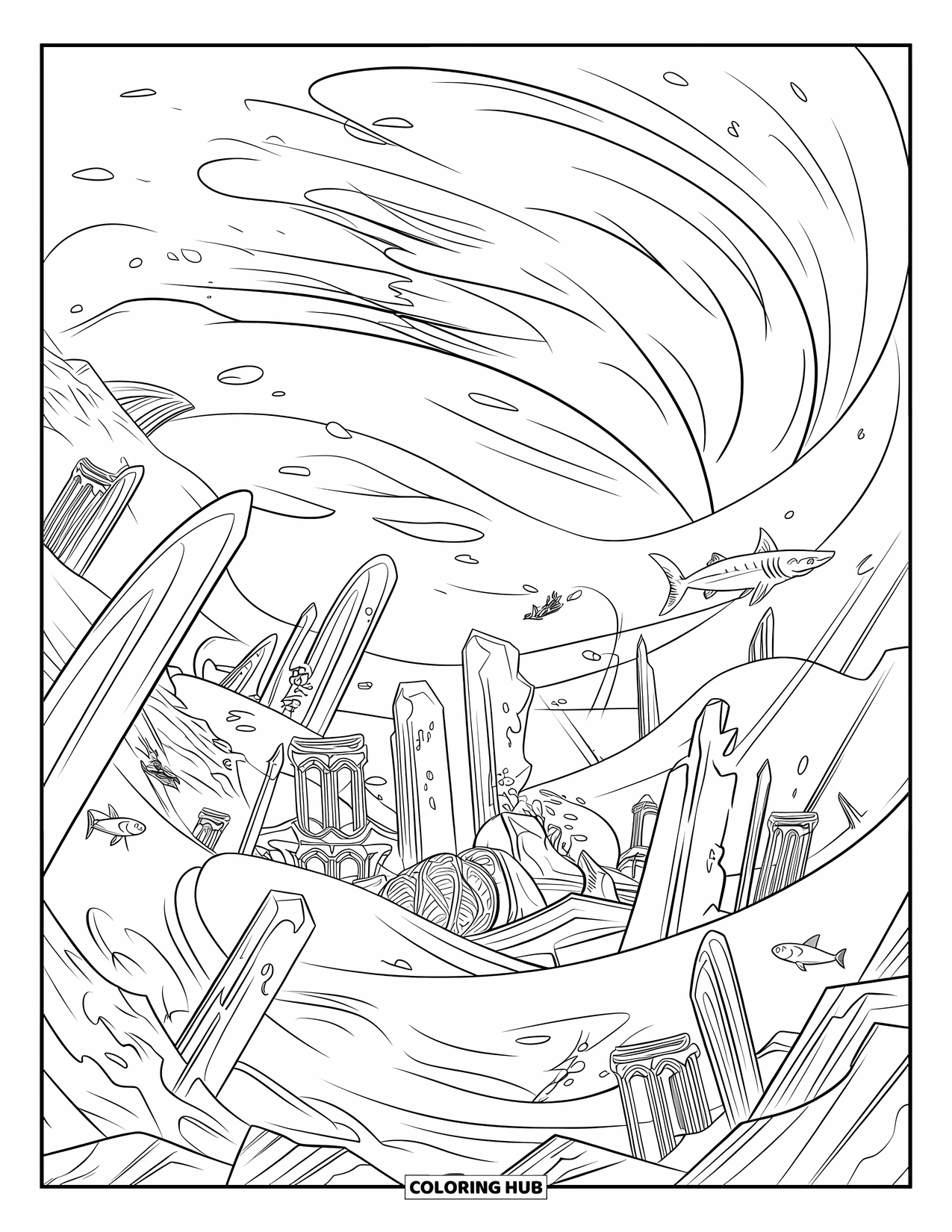 Under The Sea Coloring Page for Kids: A sunken city with statues and sea creatures is buried in swirling sand