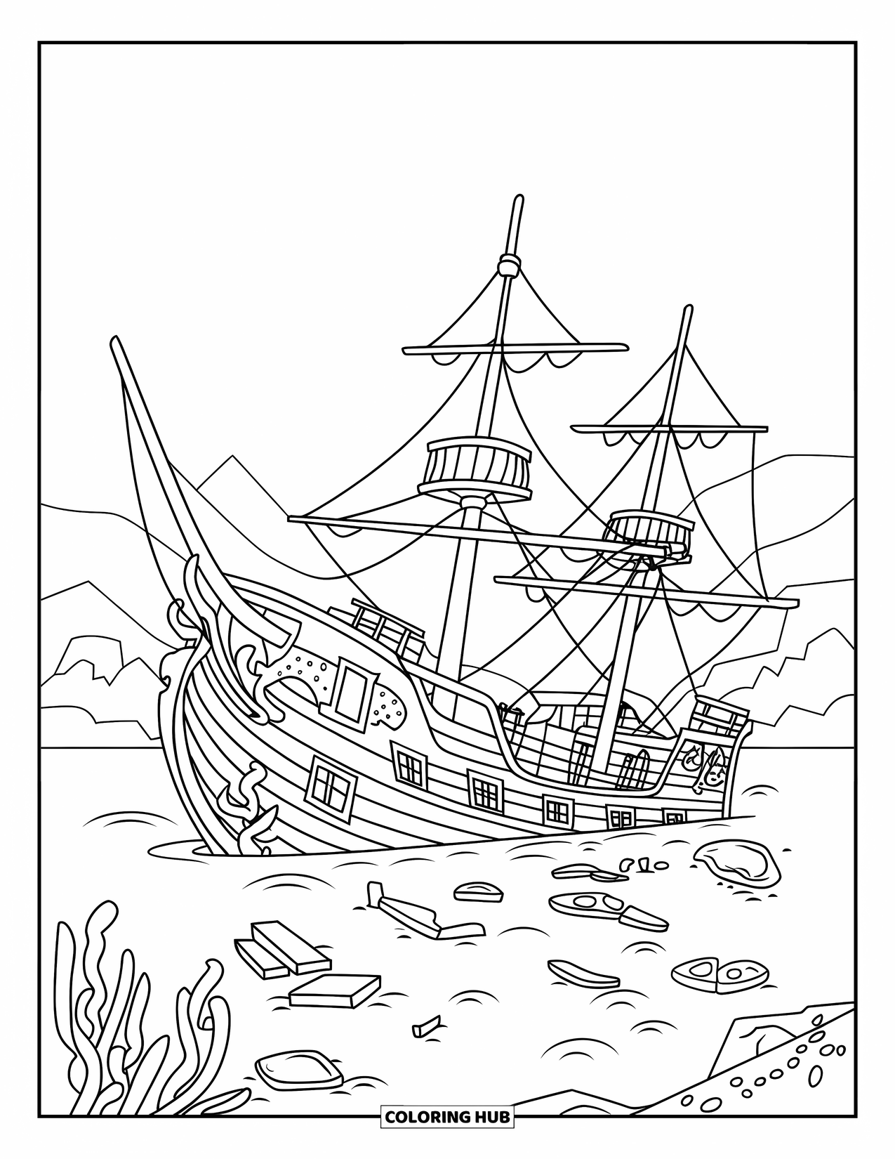 Under The Sea Coloring Page for Kids: A sunken pirate ship with broken masts lies among seaweed
