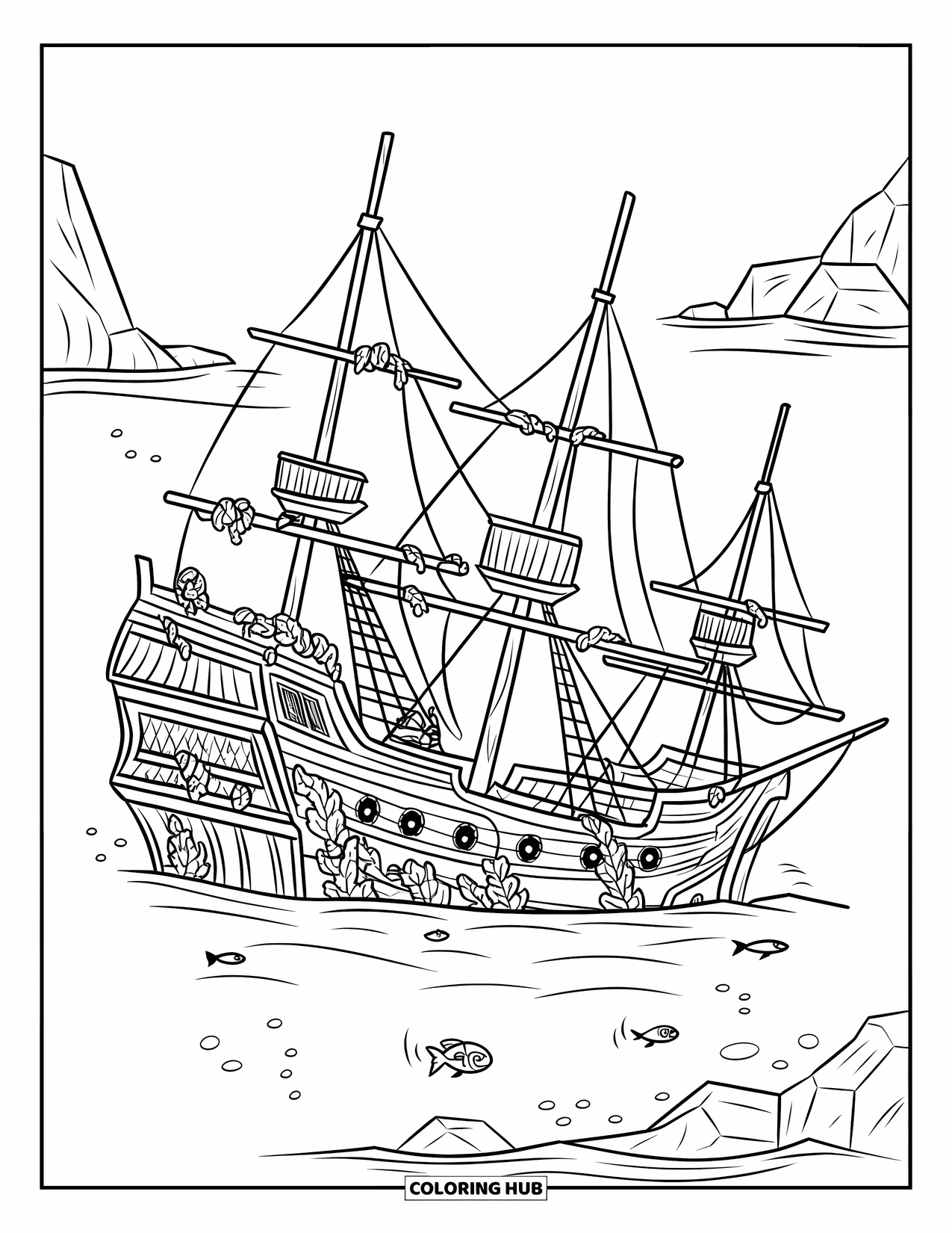 Under The Sea Coloring Page for Kids: A sunken pirate ship with seaweed and small fish nearby