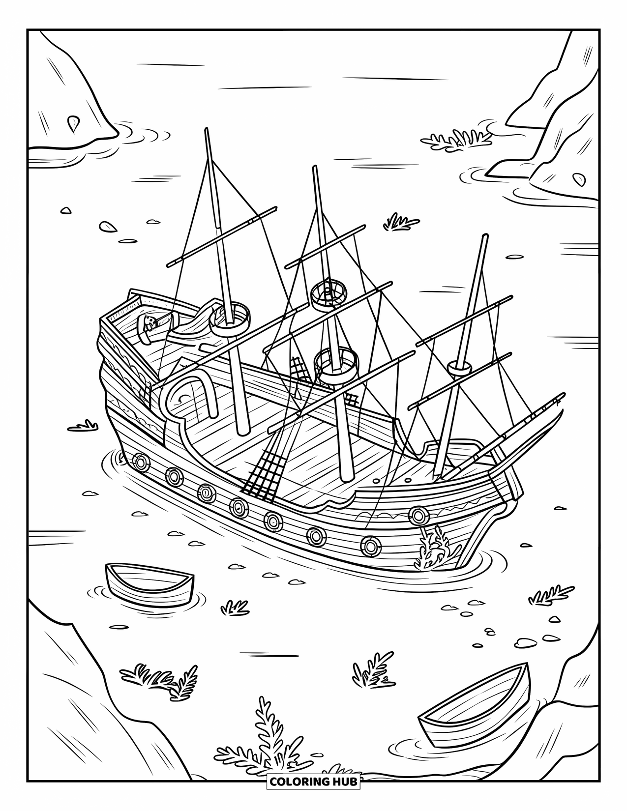 Under The Sea Coloring Page for Kids: A sunken ship with broken masts and seaweed rests on the ocean floor
