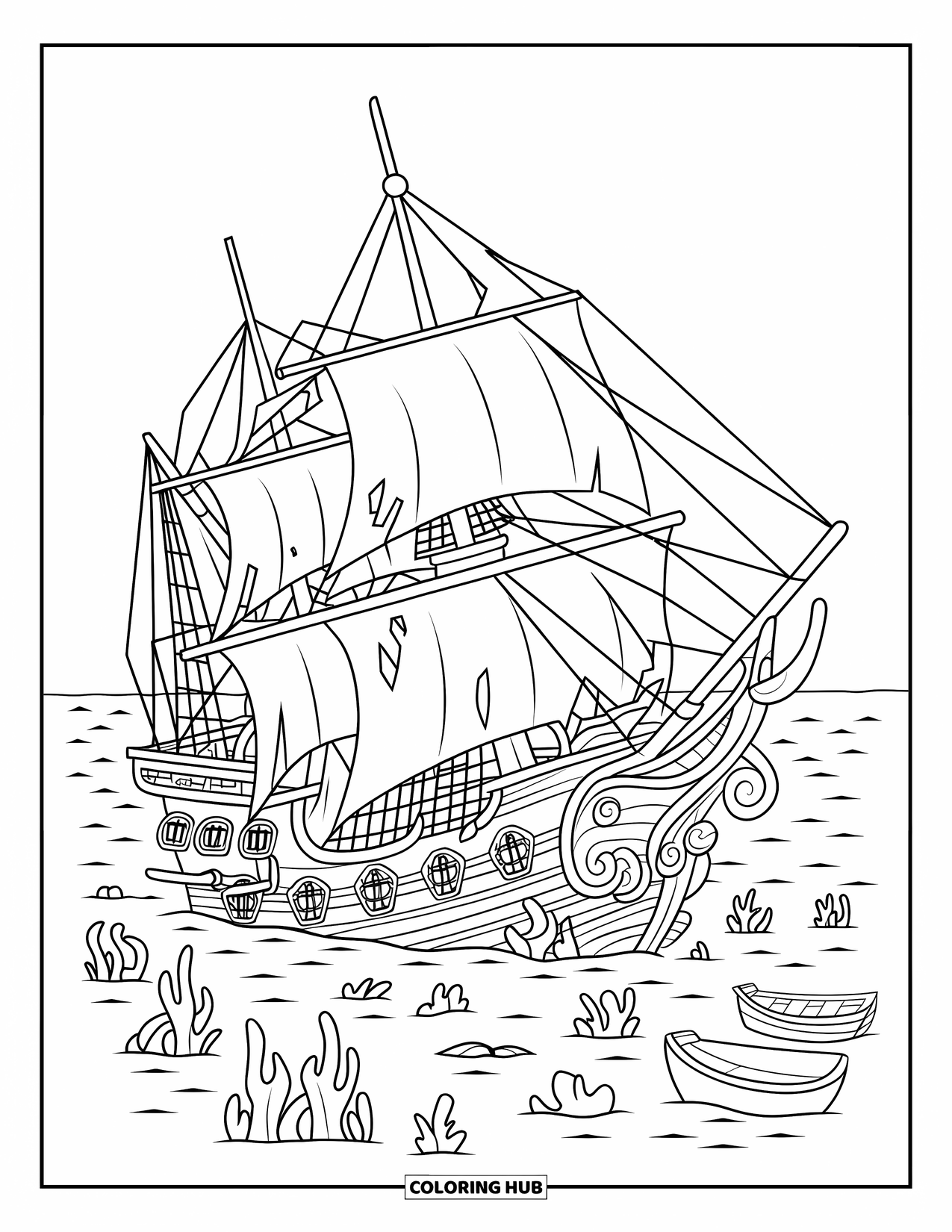 Under The Sea Coloring Page for Kids: A sunken ship with seaweed and broken masts lies in a calm sea
