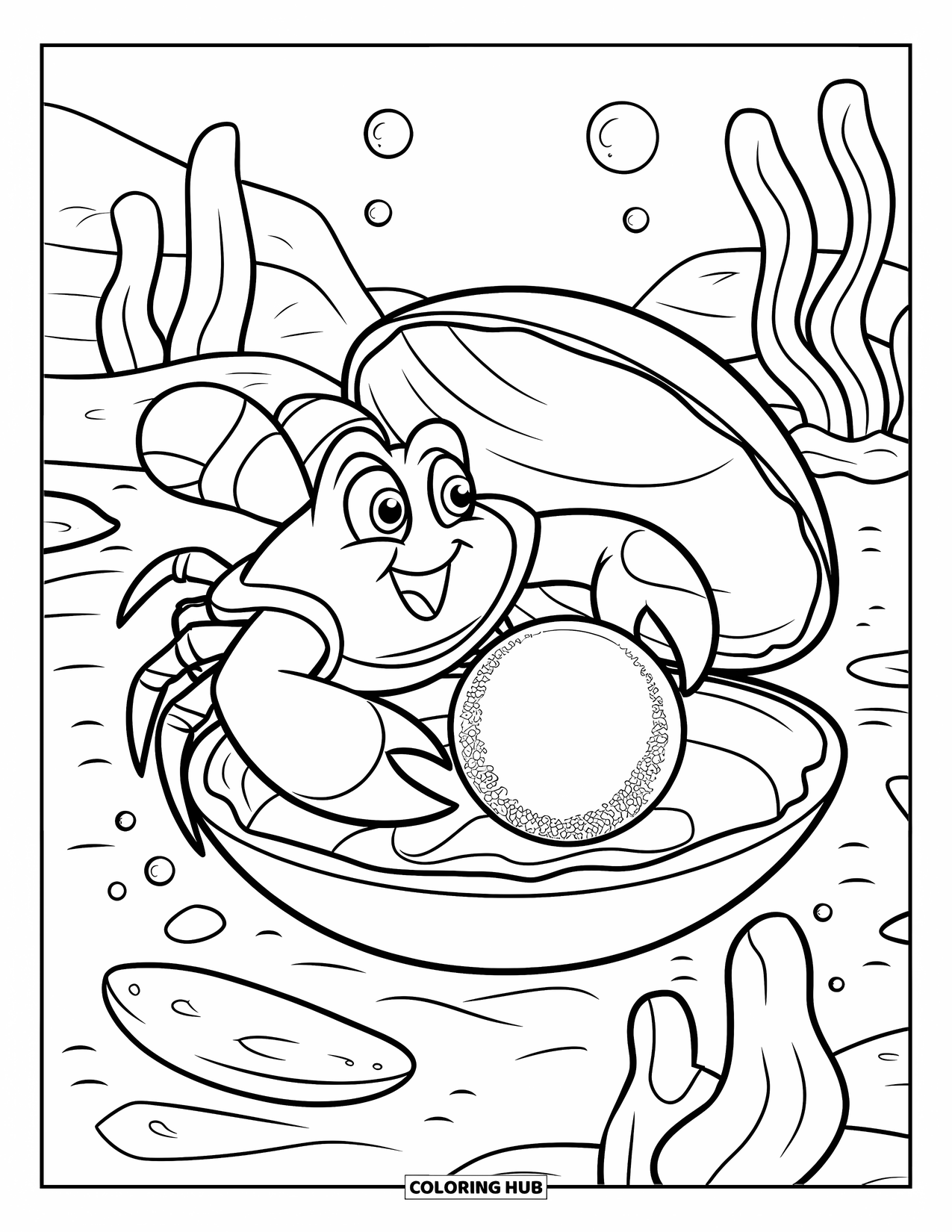 Under The Sea Coloring Page for Kids: A surprised crab finds a pearl inside a clam surrounded by seaweed
