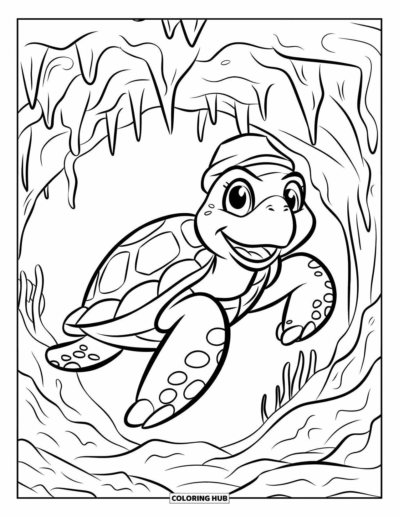 Under The Sea Coloring Page for Kids: A turtle glides through a dark underwater cave with stalactites