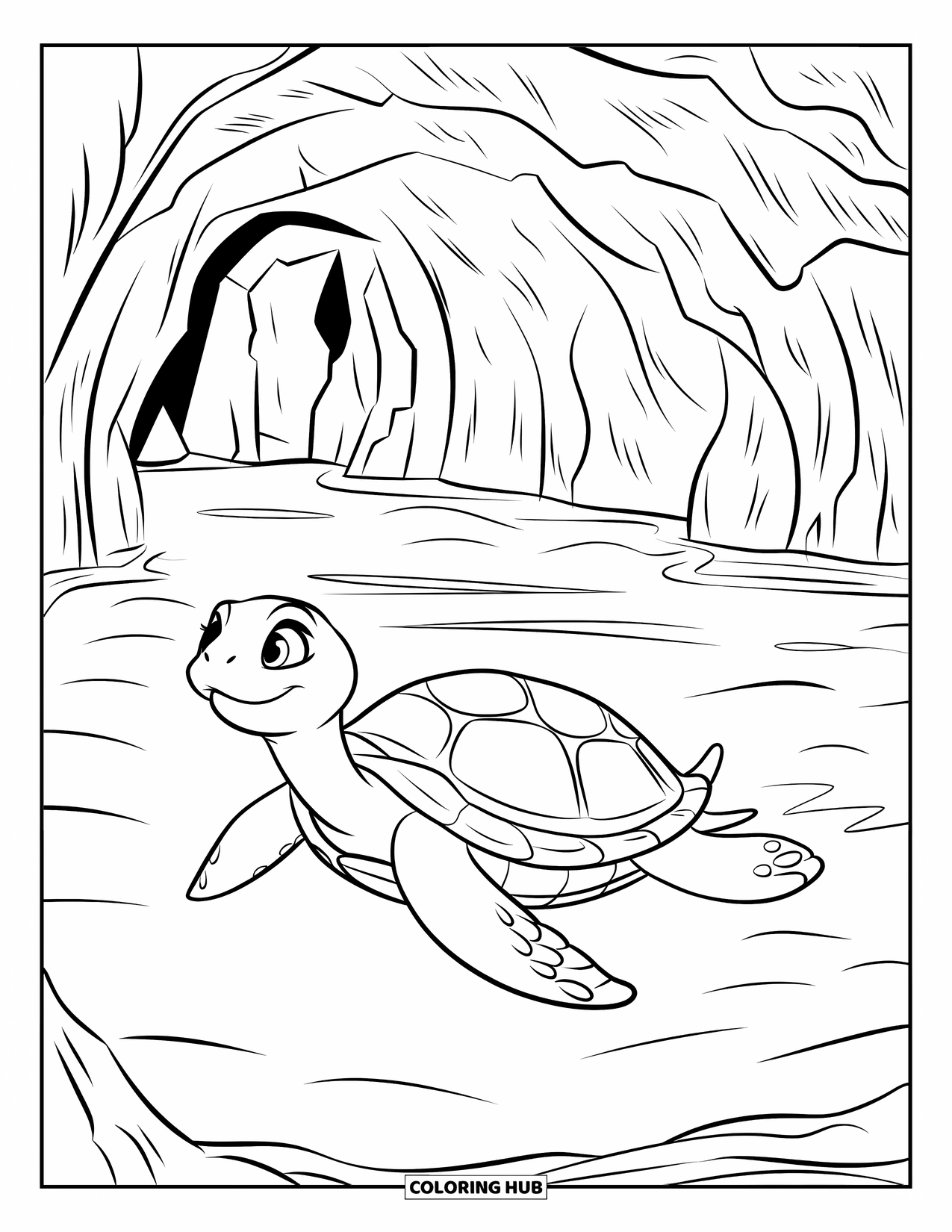Under The Sea Coloring Page for Kids: A turtle glides through an underwater cave with a rocky entrance