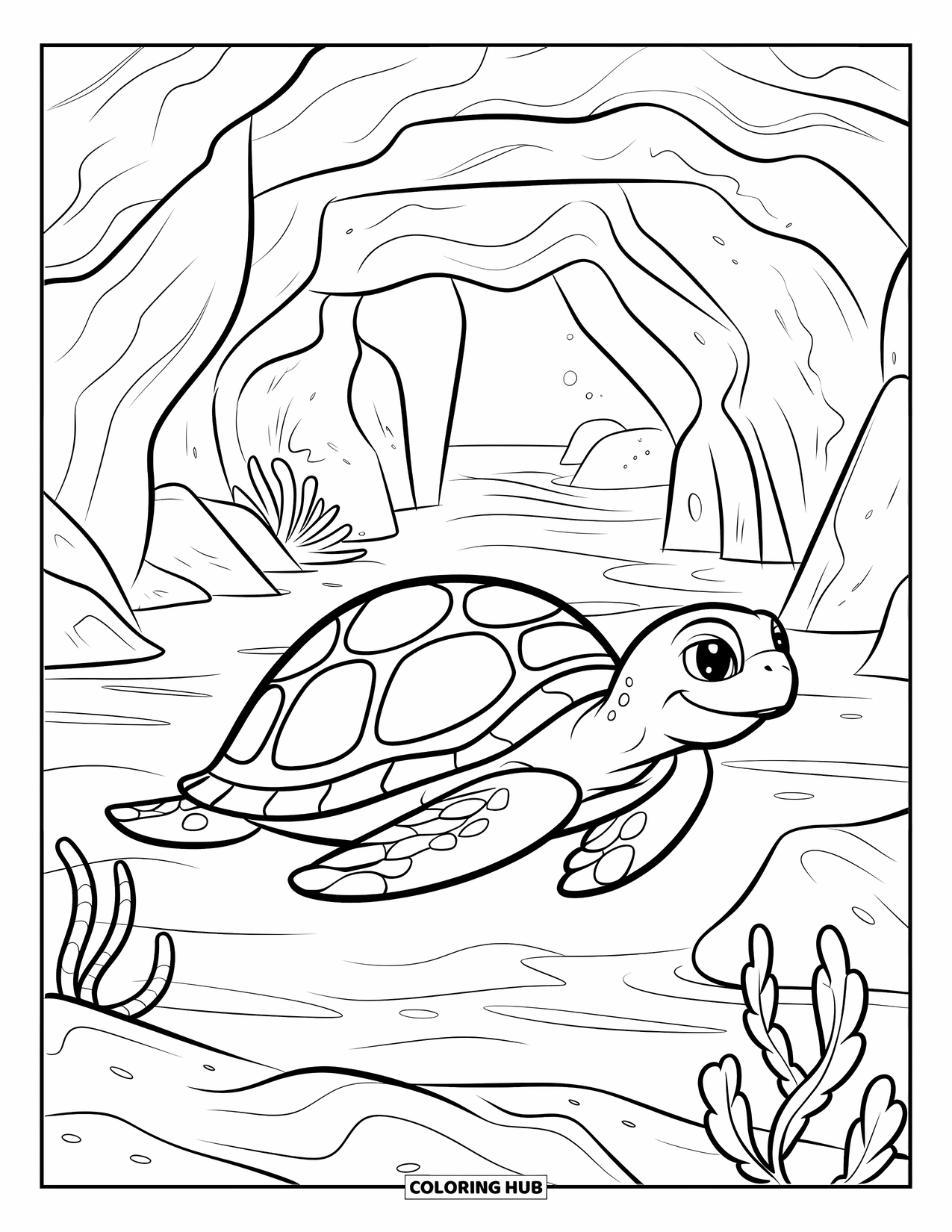 Under The Sea Coloring Page for Kids: A turtle swims in a cave with glowing light and seaweed