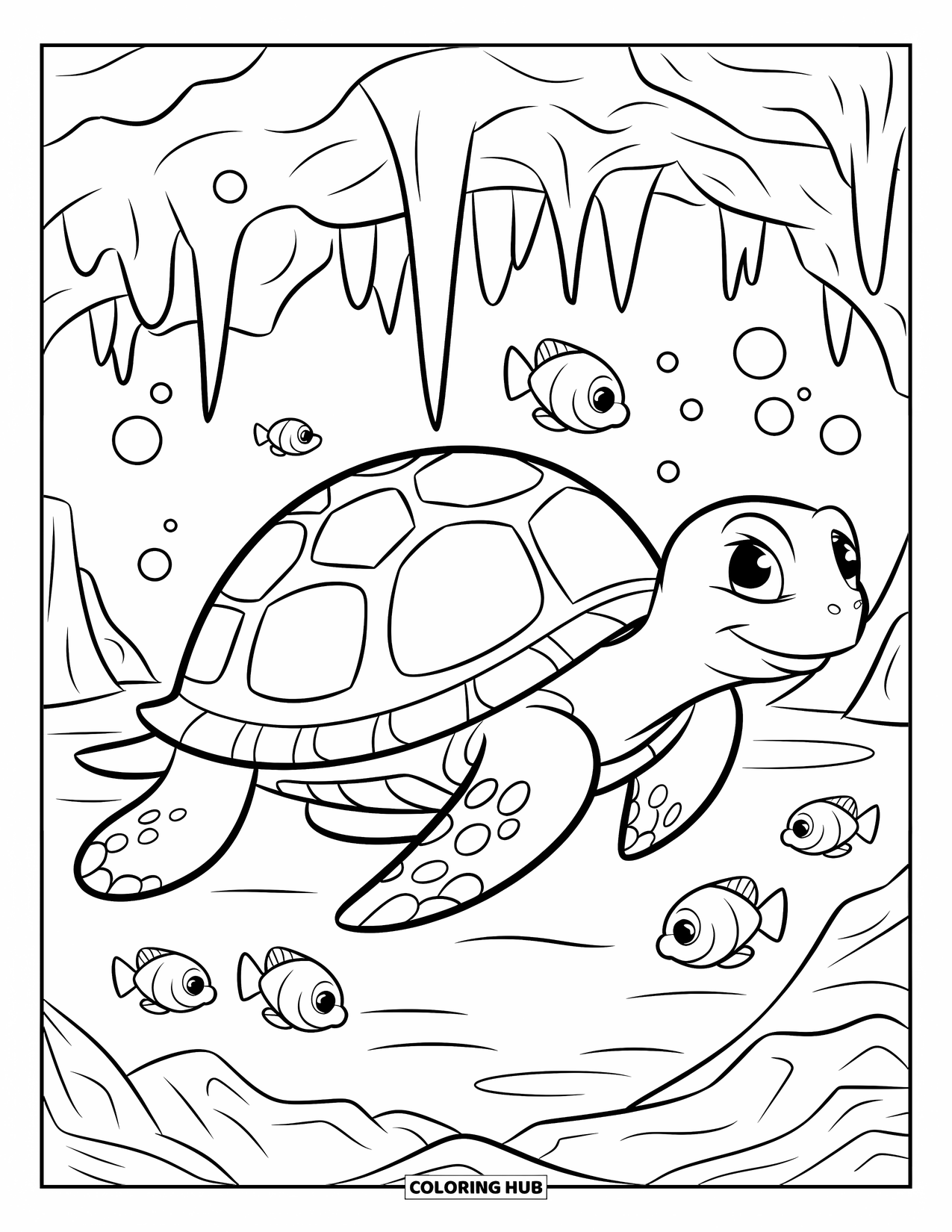 Under The Sea Coloring Page for Kids: A turtle swims through a dark cave surrounded by fish and rocks