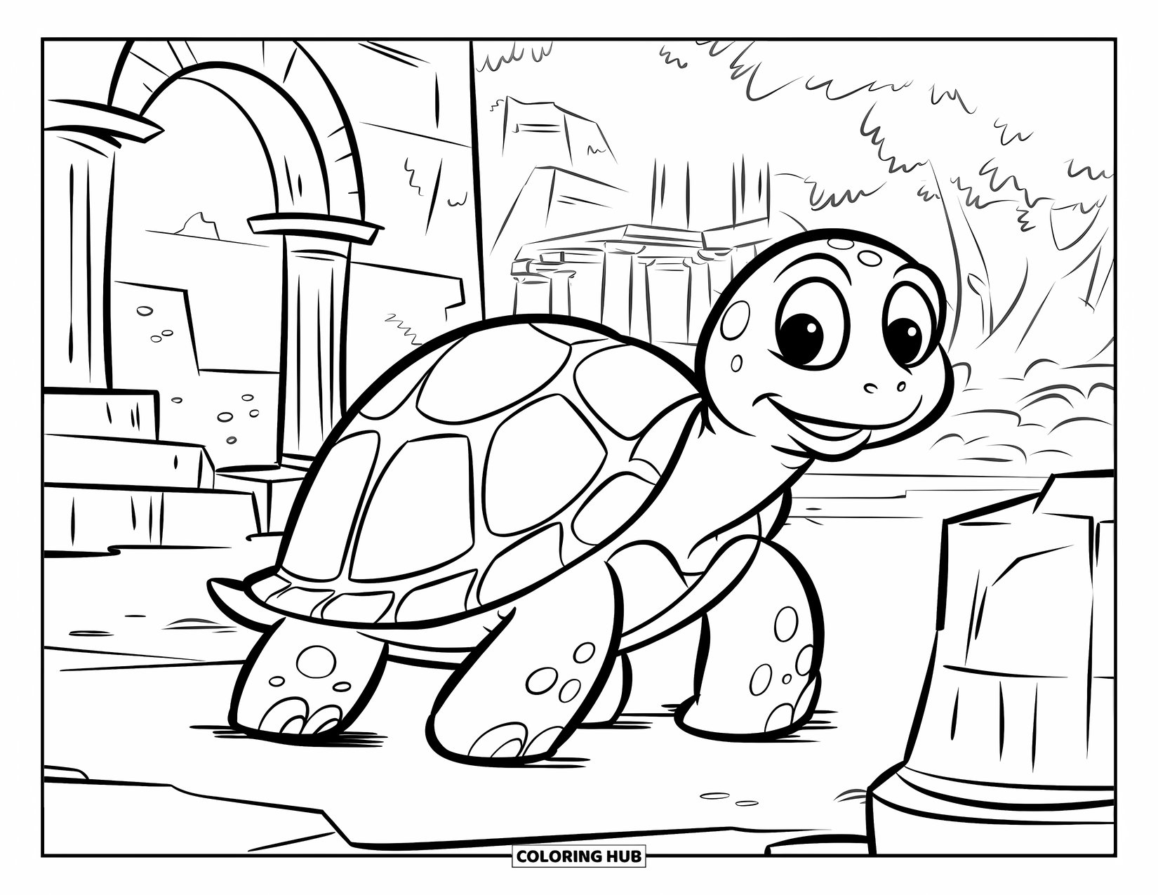 Under The Sea Coloring Page for Kids: A turtle wanders through ancient ruins surrounded by trees and crumbled walls
