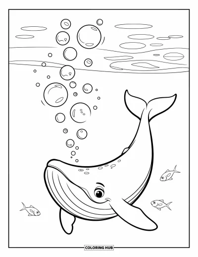 Under The Sea Coloring Page for Kids: A whale blows bubbles surrounded by small fish in a vast sea