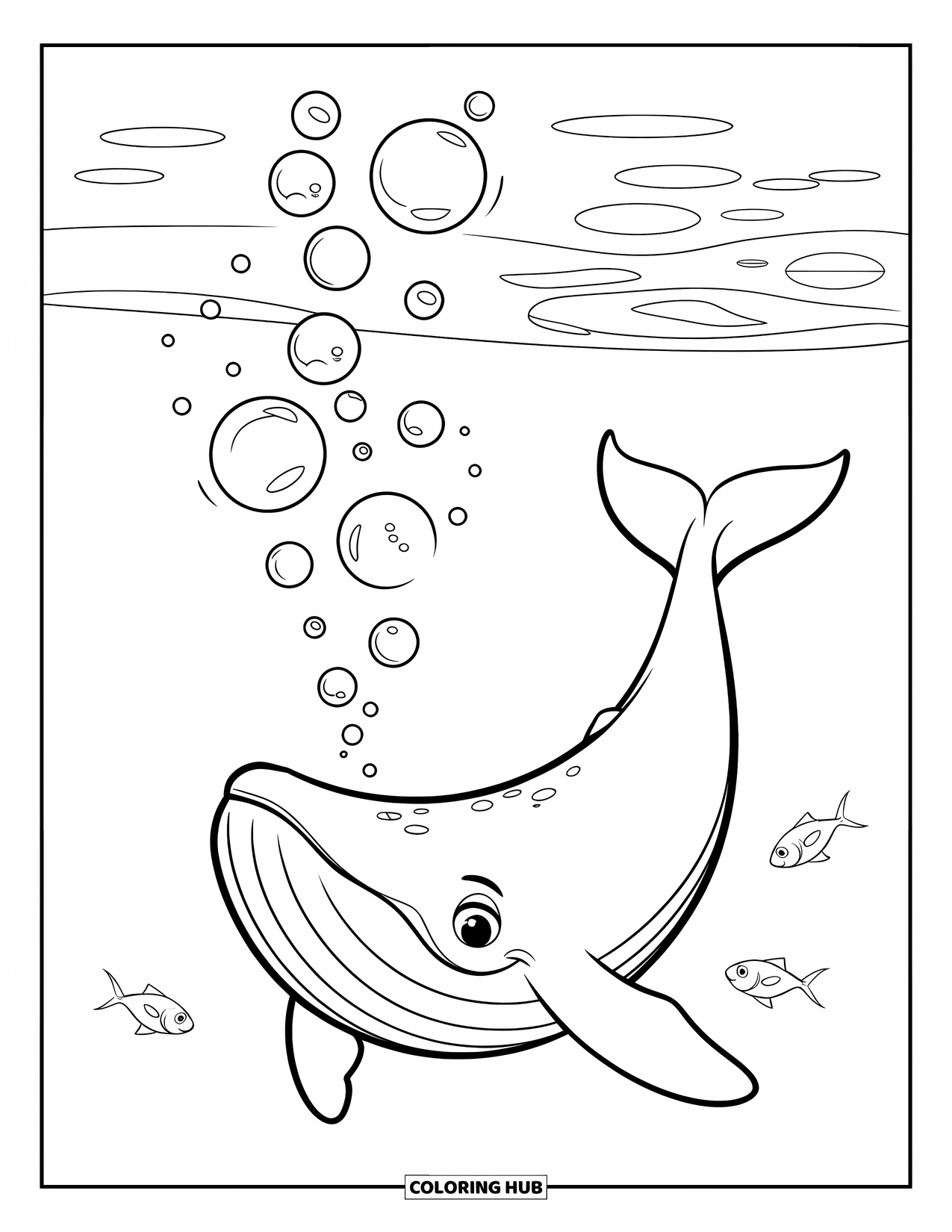 Under The Sea Coloring Page for Kids: A whale blows bubbles surrounded by small fish in a vast sea