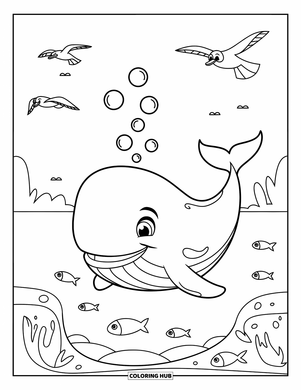 Under The Sea Coloring Page for Kids: A whale blows bubbles with a big smile in a calm sea