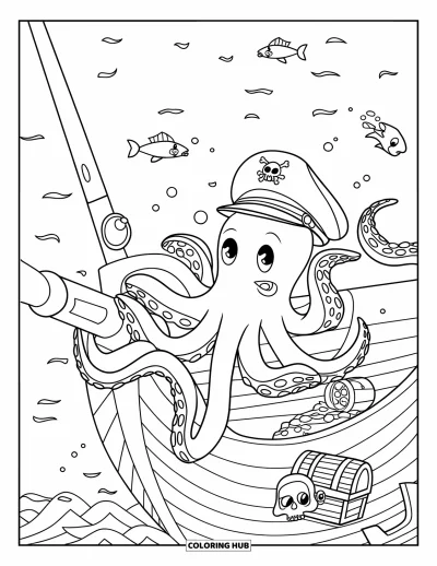 Under The Sea Coloring Page for Kids: An octopus with a captain's hat explores a ship's deck with treasures and a skull