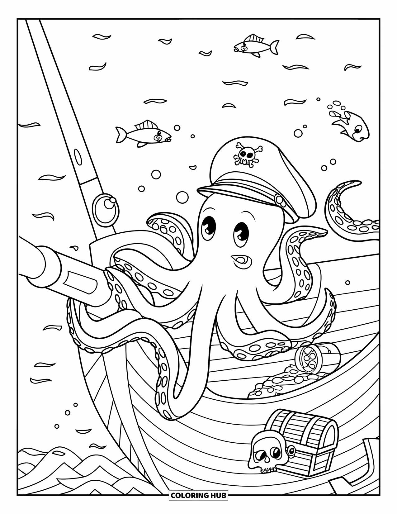 Under The Sea Coloring Page for Kids: An octopus with a captain's hat explores a ship's deck with treasures and a skull