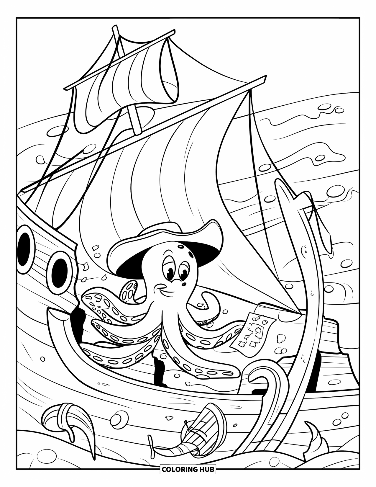 Under The Sea Coloring Page for Kids: An octopus with a hat holds a map while exploring a sunken ship