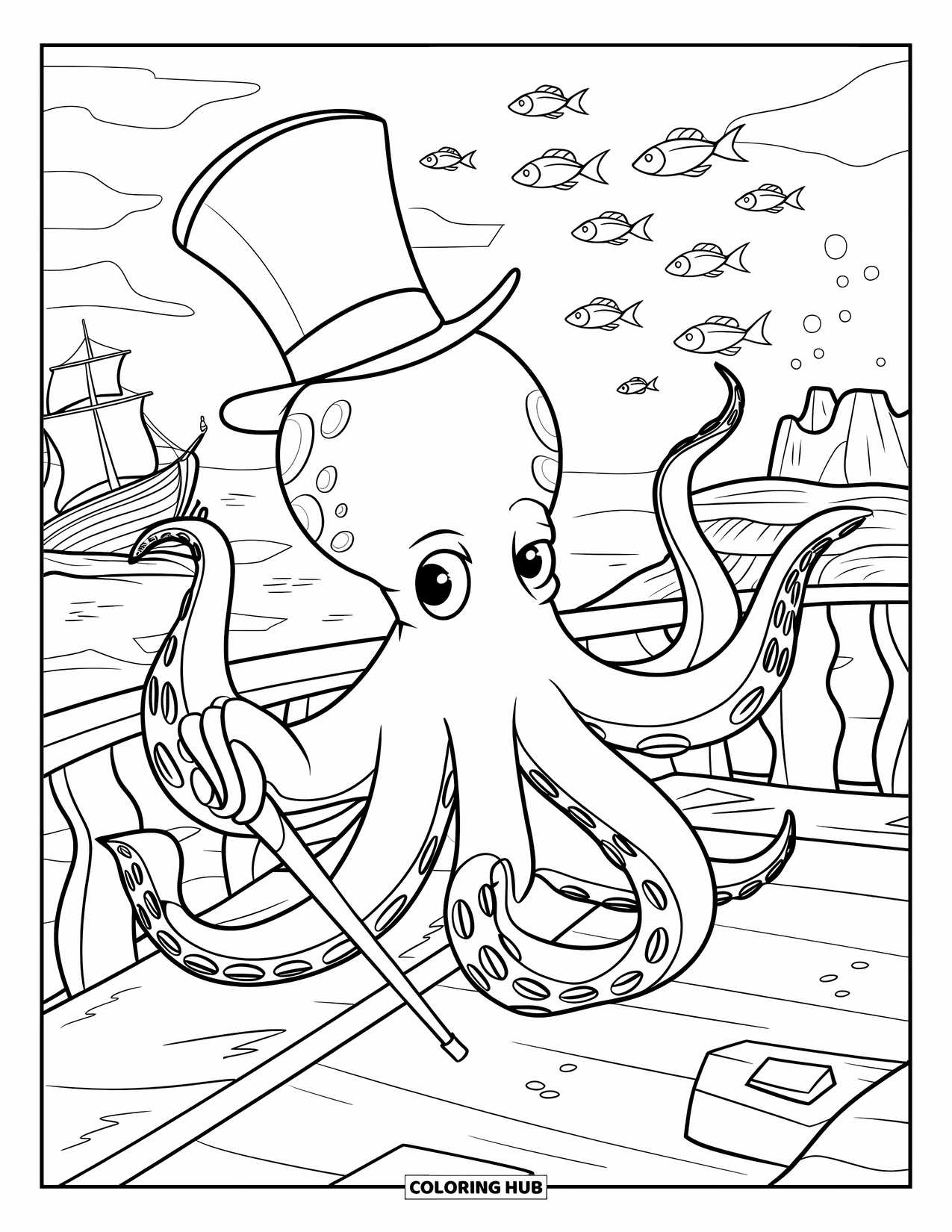 Under The Sea Coloring Page for Kids: An octopus with a top hat and cane explores shipwrecks among schools of fish