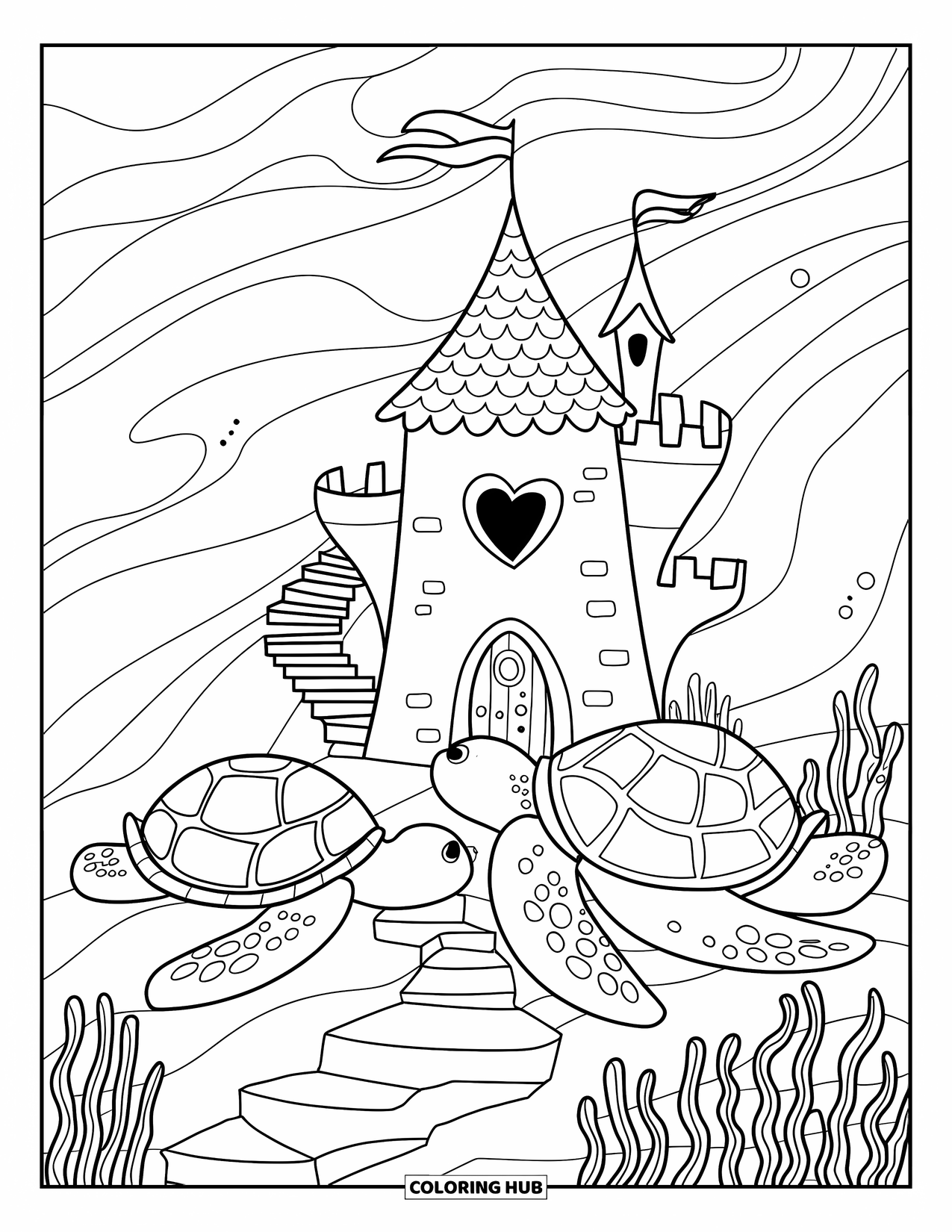Under The Sea Coloring Page for Kids: An underwater castle with a heart-shaped window guarded by two turtles