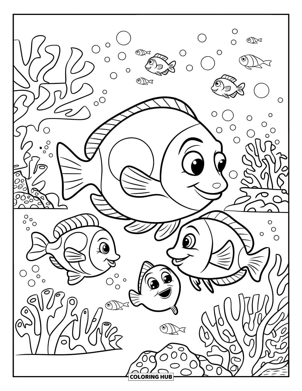 Under The Sea Coloring Page for Kids: Three fish play hide-and-seek around colorful coral reefs