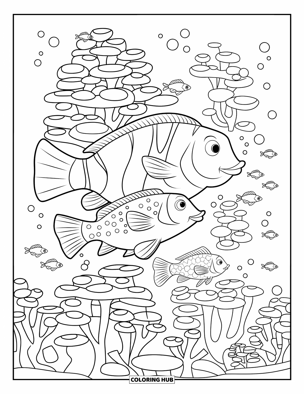 Under The Sea Coloring Page for Kids: Three fish with different patterns hide among coral reefs