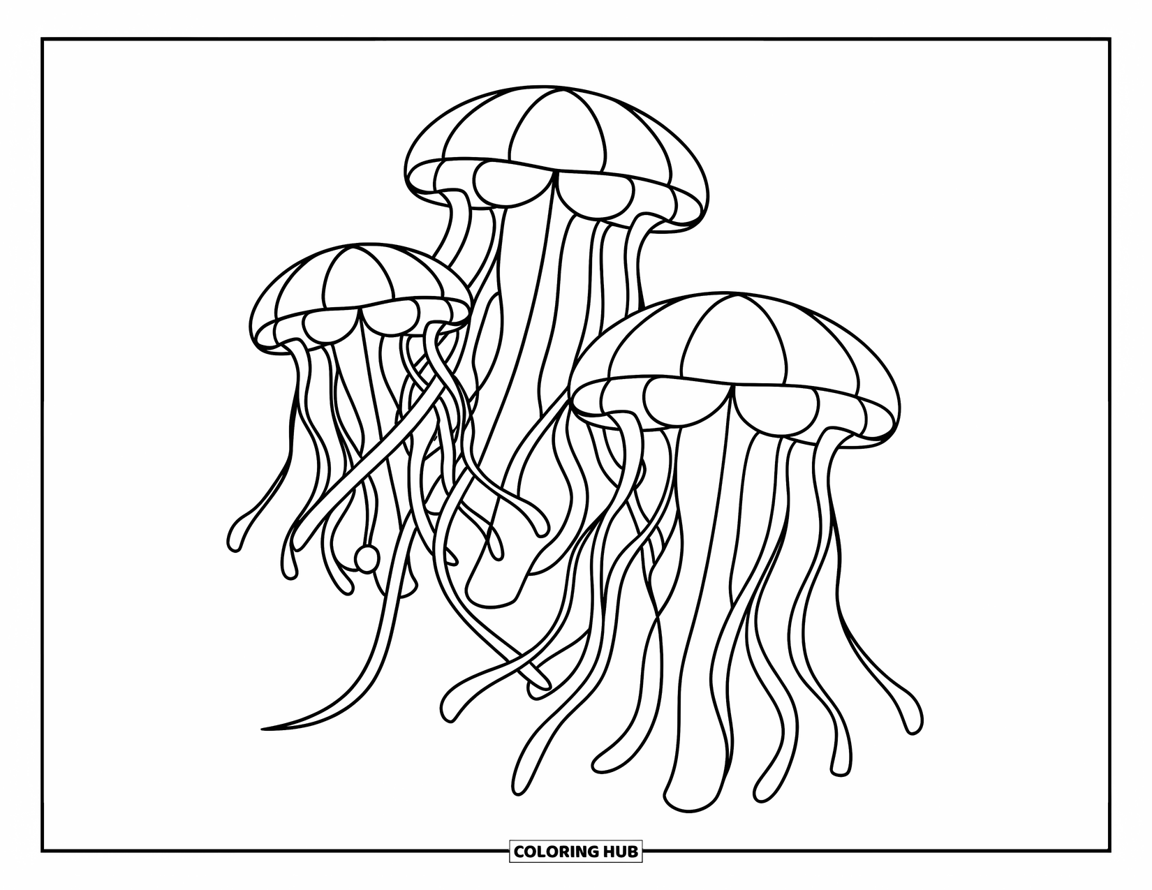 Under The Sea Coloring Page for Kids: Three jellyfish float gracefully with soft tentacles in the water