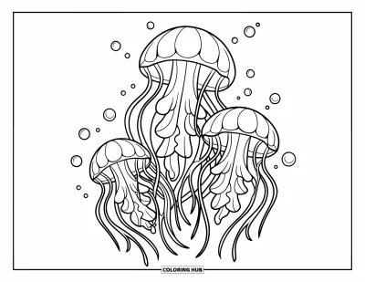 Under The Sea Coloring Page for Kids: Three jellyfish with flowing tentacles drift surrounded by bubbles